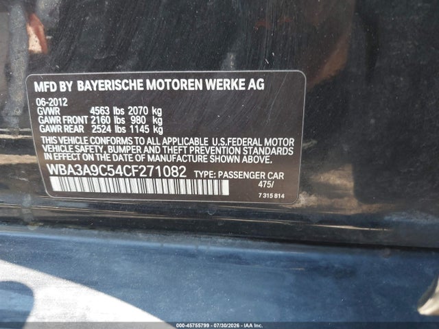 2012 Bmw 335i მანქანა იყიდება აუქციონზე, vin: WBA3A9C54CF271082, აუქციონის ნომერი: 45755799