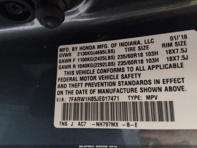 Продаж на аукціоні авто 2018 Honda Cr-v Ex-l/ex-l Navi, vin: 7FARW1H85JE017471, номер лоту: 45755815