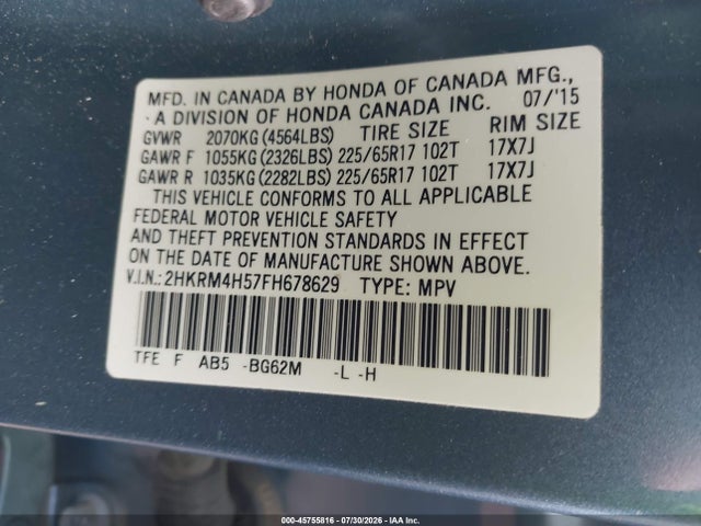 Aukcja sprzedaży 2015 Honda Cr-v Ex, vin: 2HKRM4H57FH678629, numer aukcji: 45755816