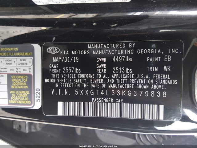 45755828 :رقم المزاد ، 5XXGT4L33KG379838 vin ، 2019 Kia Optima Lx مزاد بيع
