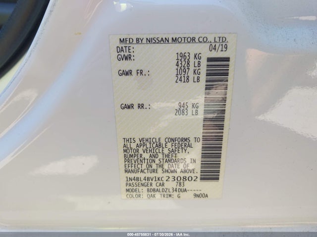 Продажа на аукционе авто 2019 Nissan Altima 2.5 S, vin: 1N4BL4BV1KC230802, номер лота: 45755831