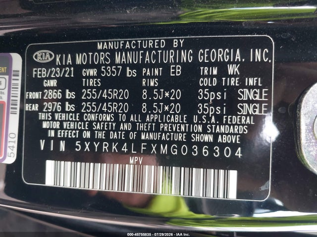 45755835 :رقم المزاد ، 5XYRK4LFXMG036304 vin ، 2021 Kia Sorento Sx Prestige مزاد بيع