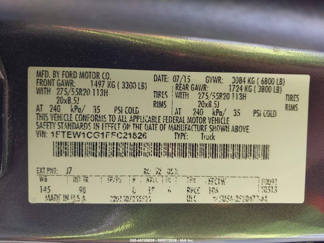 45755839 :رقم المزاد ، 1FTEW1CG1FFC21826 vin ، 2015 Ford F-150 Platinum مزاد بيع