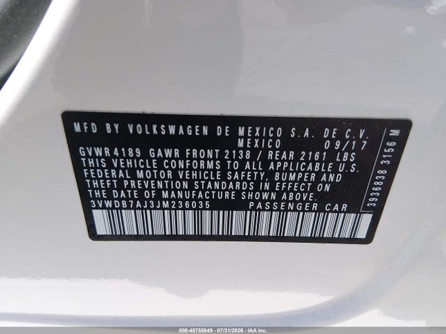 2018 Volkswagen Jetta 1.4t Se/1.4t Wolfsburg Edition მანქანა იყიდება აუქციონზე, vin: 3VWDB7AJ3JM236035, აუქციონის ნომერი: 45755849