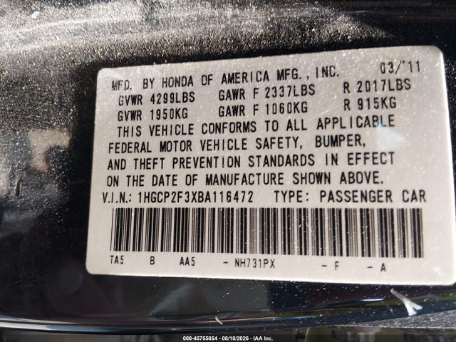 45755854 :رقم المزاد ، 1HGCP2F3XBA116472 vin ، 2011 Honda Accord 2.4 Lx مزاد بيع