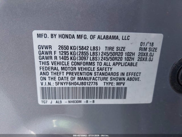 Honda Pilot Elite 2018 5FNYF6H04JB012776 Image 9