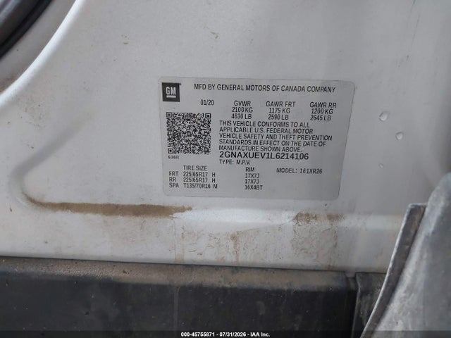 Aukcja sprzedaży 2020 Chevrolet Equinox Awd Lt 1.5l Turbo, vin: 2GNAXUEV1L6214106, numer aukcji: 45755871