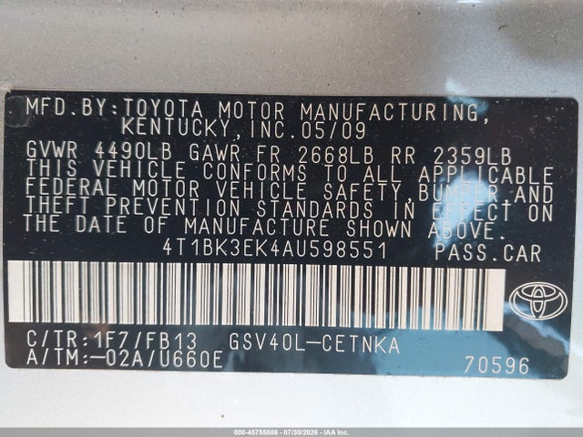 Продаж на аукціоні авто 2010 Toyota Camry Le V6, vin: 4T1BK3EK4AU598551, номер лоту: 45755886