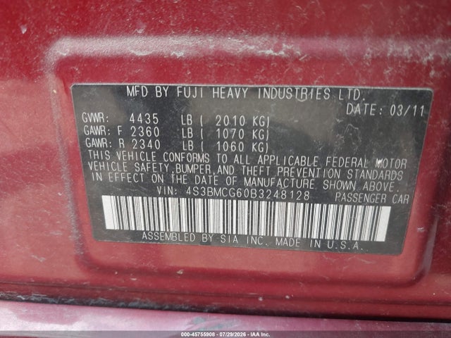 45755908 :رقم المزاد ، 4S3BMCG60B3248128 vin ، 2011 Subaru Legacy 2.5i Premium مزاد بيع