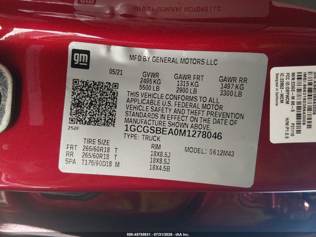 45755931 :رقم المزاد ، 1GCGSBEA0M1278046 vin ، 2021 Chevrolet Colorado مزاد بيع