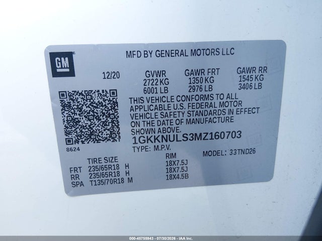 Auction sale of the 2021 Gmc Acadia Awd Slt, vin: 1GKKNULS3MZ160703, lot number: 45755943