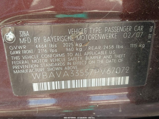 Продаж на аукціоні авто 2007 Bmw 328i, vin: WBAVA33557PV67072, номер лоту: 45755948