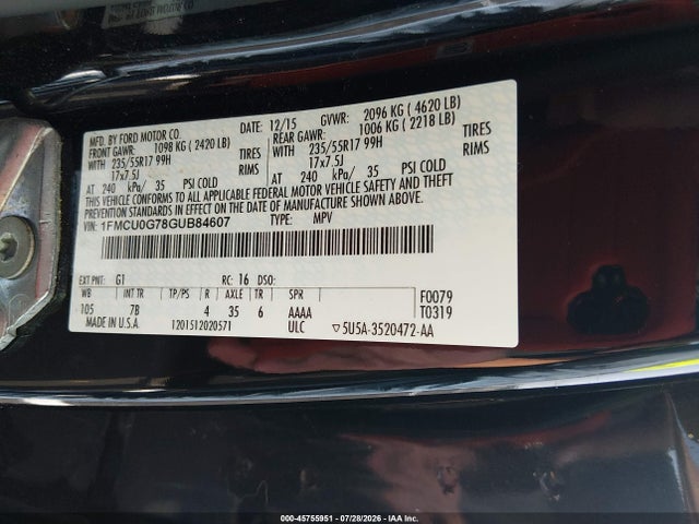 45755951 :رقم المزاد ، 1FMCU0G78GUB84607 vin ، 2016 Ford Escape Se مزاد بيع