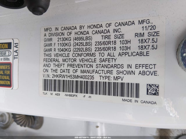 45755970 :رقم المزاد ، 2HKRW1H53MH400235 vin ، 2021 Honda Cr-v 2wd Ex مزاد بيع