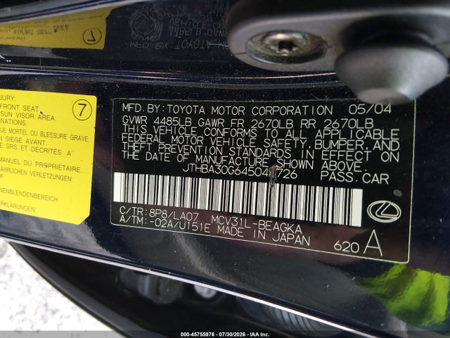 Aukcja sprzedaży 2004 Lexus Es 330, vin: JTHBA30G645044726, numer aukcji: 45755976