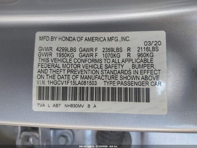 Honda ACCORD LX 2020 1HGCV1F15LA081503 Image 9