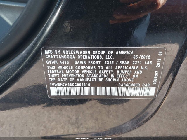 2012 Volkswagen Passat 2.5l Se მანქანა იყიდება აუქციონზე, vin: 1VWBH7A36CC093819, აუქციონის ნომერი: 45755991