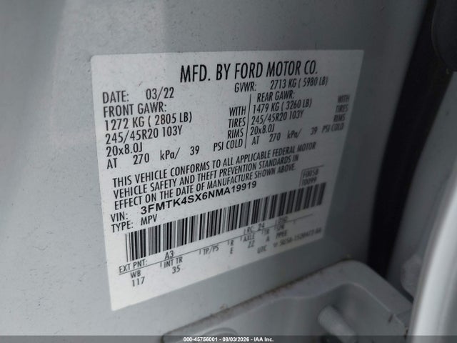 Продажа на аукционе авто 2022 Ford Mustang Mach-e Gt, vin: 3FMTK4SX6NMA19919, номер лота: 45756001