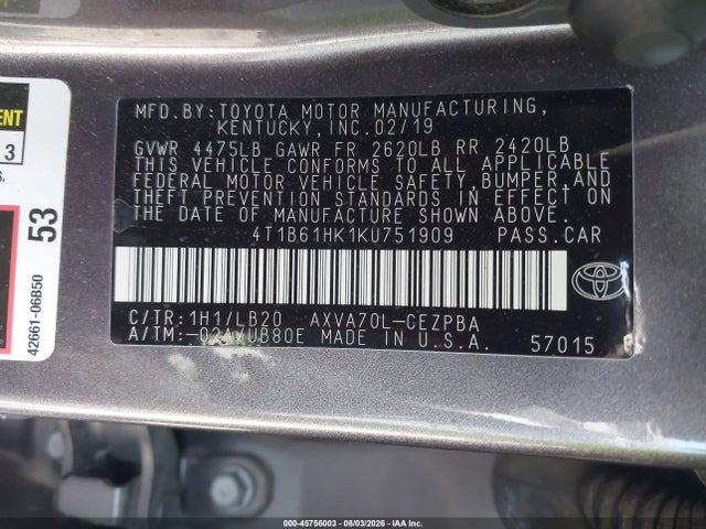 4T1B61HK1KU751909 Toyota CAMRY XSE