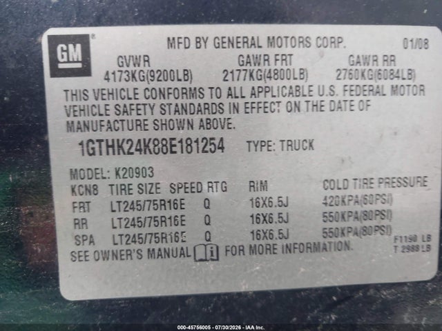 Продаж на аукціоні авто 2008 Gmc Sierra 2500hd Work Truck, vin: 1GTHK24K88E181254, номер лоту: 45756005