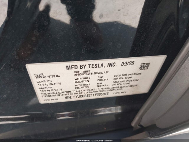 Продаж на аукціоні авто 2020 Tesla Model X Long Range Dual Motor All-wheel Drive/long Range Plus Dual Motor All-wheel Drive, vin: 5YJXCBE21LF305945, номер лоту: 45756030