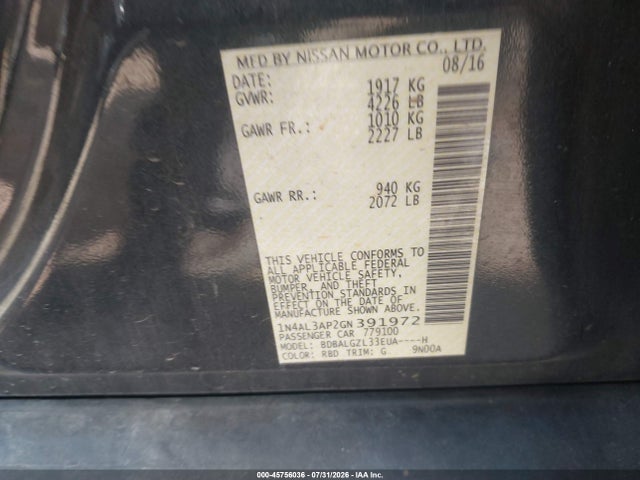 Продаж на аукціоні авто 2016 Nissan Altima 2.5 S, vin: 1N4AL3AP2GN391972, номер лоту: 45756036