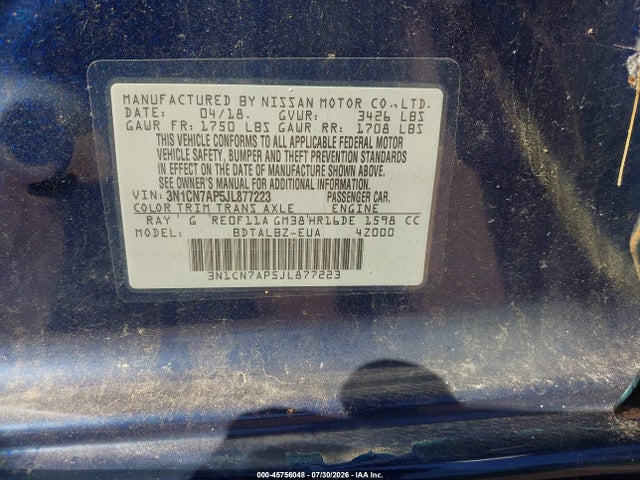 45756048 :رقم المزاد ، 3N1CN7AP5JL877223 vin ، 2018 Nissan Versa 1.6 Sv مزاد بيع