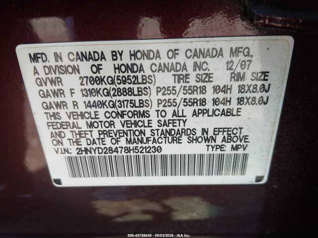 45756049 :رقم المزاد ، 2HNYD28478H521230 vin ، 2008 Acura Mdx Technology Package مزاد بيع