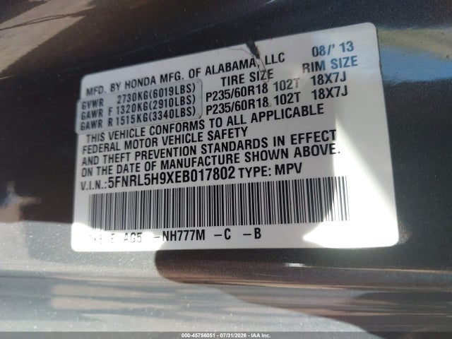 5FNRL5H9XEB017802 Honda Odyssey Touring/touring Elite