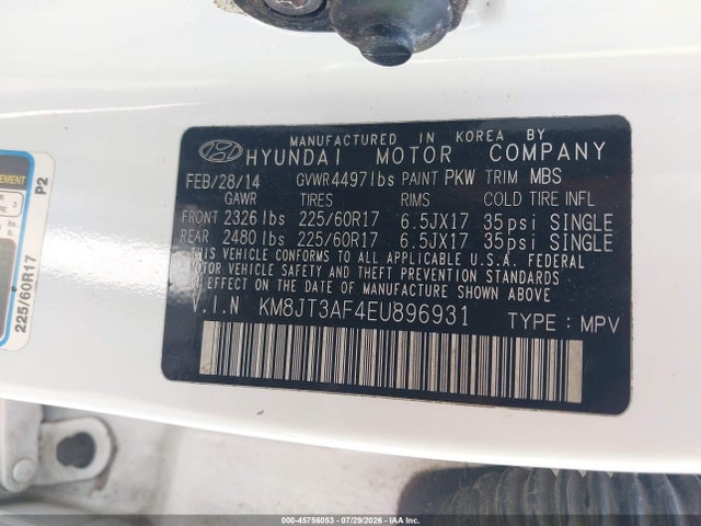 Aukcja sprzedaży 2014 Hyundai Tucson Gls, vin: KM8JT3AF4EU896931, numer aukcji: 45756053