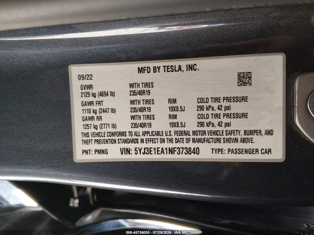 Tesla Model 3 Rear-wheel Drive 2022 5YJ3E1EA1NF373840 Image 9