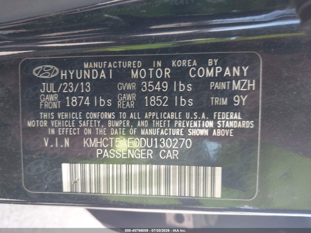 2013 Hyundai Accent Gs მანქანა იყიდება აუქციონზე, vin: KMHCT5AE0DU130270, აუქციონის ნომერი: 45756059