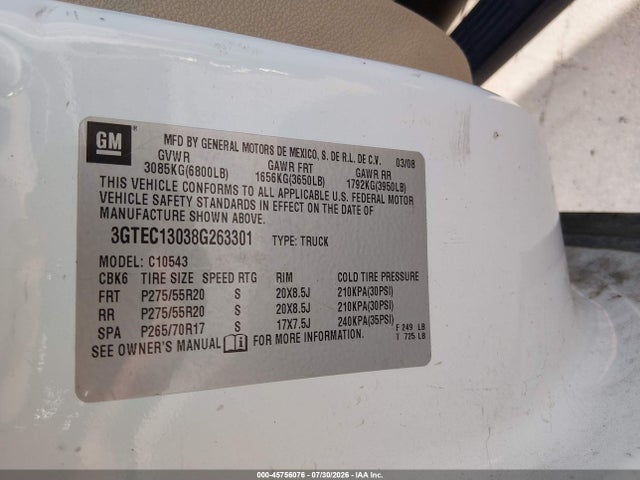 45756076 :رقم المزاد ، 3GTEC13038G263301 vin ، 2008 Gmc Sierra 1500 Slt مزاد بيع