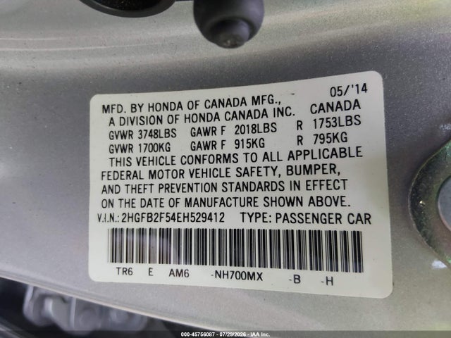 Продажа на аукционе авто 2014 Honda Civic Lx, vin: 2HGFB2F54EH529412, номер лота: 45756087