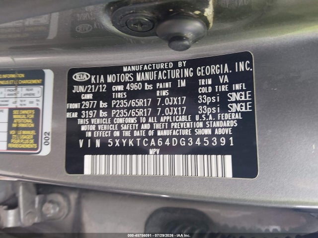 45756091 :رقم المزاد ، 5XYKTCA64DG345391 vin ، 2013 Kia Sorento Lx مزاد بيع