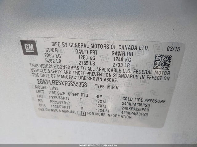 GMC Terrain Sle-2 2015 2GKFLRE3XF6335358 Image 9