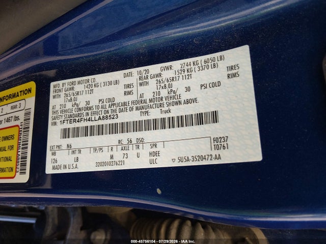 45756104 :رقم المزاد ، 1FTER4FH4LLA88523 vin ، 2020 Ford Ranger Xlt مزاد بيع