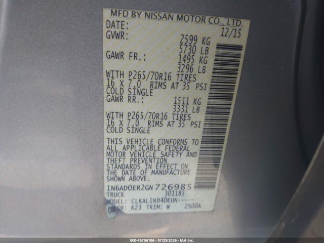 1N6AD0ER2GN726985 Nissan FRONTIER S