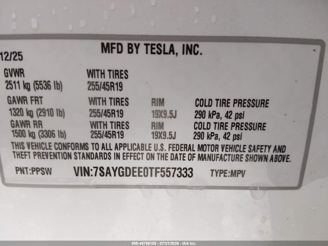 Продаж на аукціоні авто 2026 Tesla Model Y All-wheel Drive/long Range Launch Series/premium All-wheel Drive, vin: 7SAYGDEE0TF557333, номер лоту: 45756108
