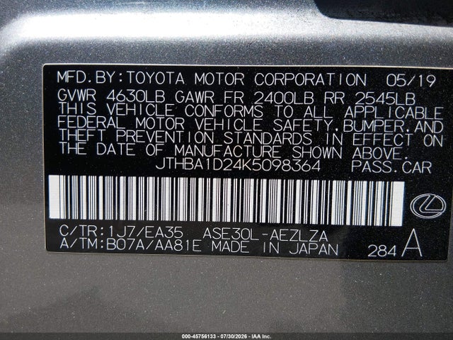 Продажа на аукционе авто 2019 Lexus Is 300, vin: JTHBA1D24K5098364, номер лота: 45756133