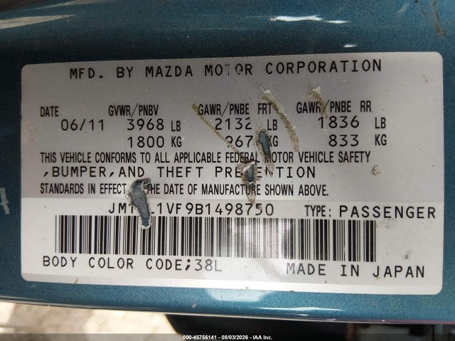 2011 Mazda Mazda3 I Touring მანქანა იყიდება აუქციონზე, vin: JM1BL1VF9B1498750, აუქციონის ნომერი: 45756141
