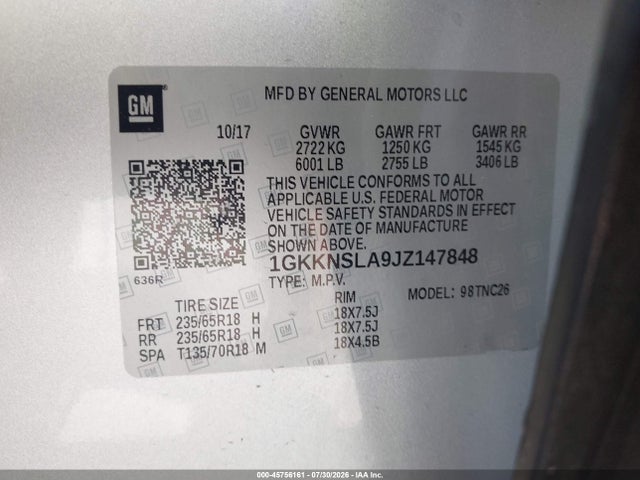 2018 Gmc Acadia Sle-2 მანქანა იყიდება აუქციონზე, vin: 1GKKNSLA9JZ147848, აუქციონის ნომერი: 45756161