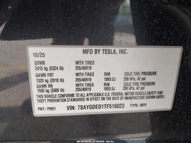 Aukcja sprzedaży 2026 Tesla Model Y, vin: 7SAYGDED1TF516023, numer aukcji: 45756173