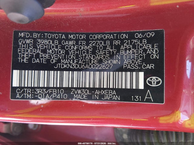 2010 Toyota Prius Ii მანქანა იყიდება აუქციონზე, vin: JTDKN3DU6A0022627, აუქციონის ნომერი: 45756178