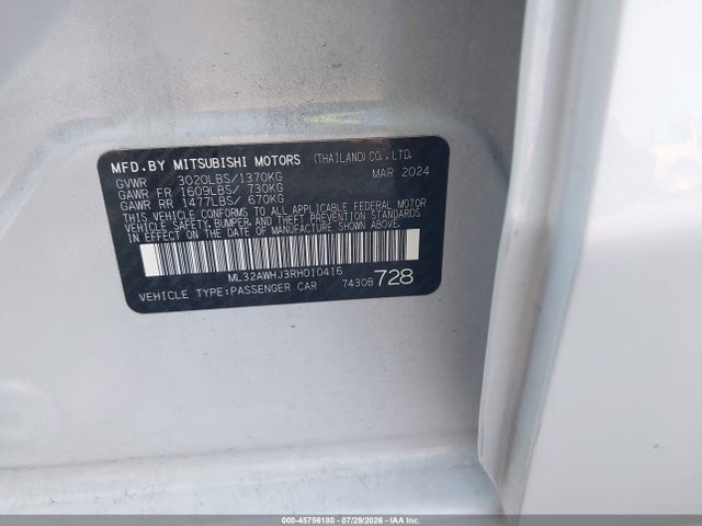 Aukcja sprzedaży 2024 Mitsubishi Mirage Ralliart, vin: ML32AWHJ3RH010416, numer aukcji: 45756180
