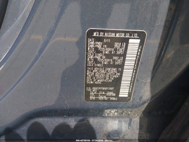 Продаж на аукціоні авто 2011 Nissan Quest Sv, vin: JN8AE2KP9B9012887, номер лоту: 45756184