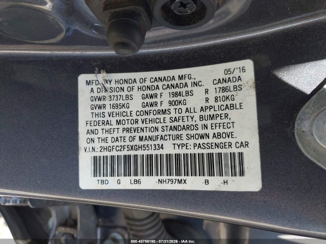 Honda Civic Lx 2016 2HGFC2F5XGH551334 Image 9