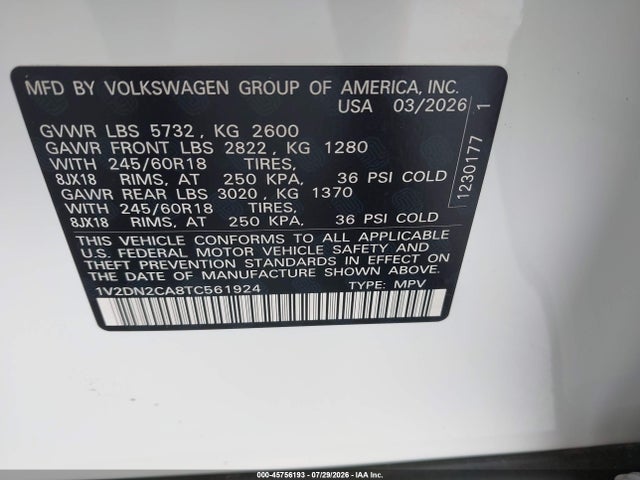 Aukcja sprzedaży 2026 Volkswagen Atlas Se, vin: 1V2DN2CA8TC561924, numer aukcji: 45756193