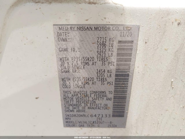 45756200 :رقم المزاد ، 5N1DR2DN9LC647133 vin ، 2020 Nissan Pathfinder Platinum 2wd مزاد بيع