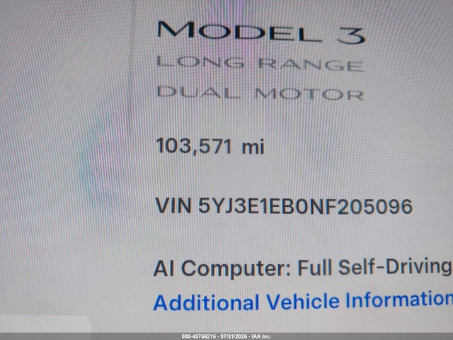 45756215 :رقم المزاد ، 5YJ3E1EB0NF205096 vin ، 2022 Tesla Model 3 Long Range Dual Motor All-wheel Drive مزاد بيع